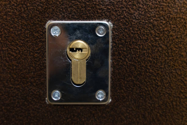 cylinder lock without a key in the brown metal entrance doors close up